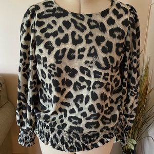 Solution Leopard Print Long Sleeve Smocked Blouse